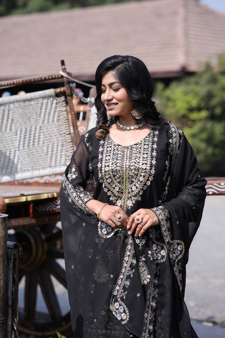 Elegant Faux Georgette Silk Kurti Set with Bottom & Lace-Embellished Dupatta – Multi-Needle Sequins Work (Fully Stitched