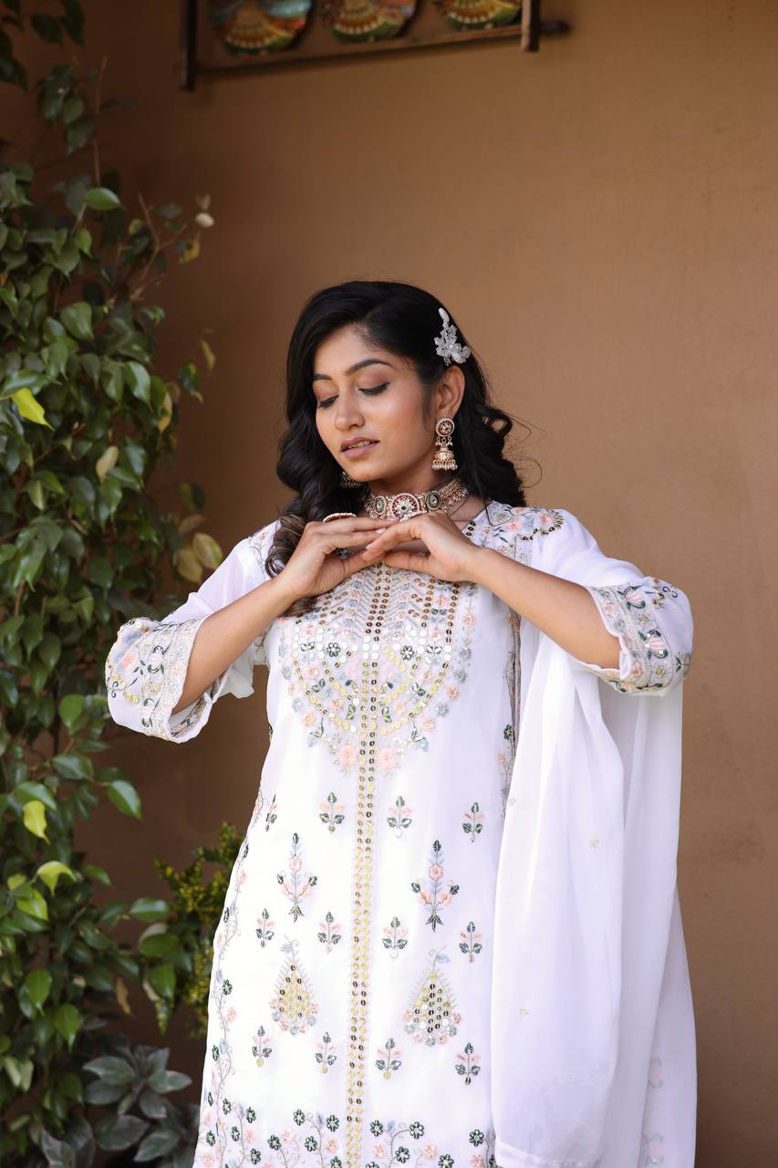 Elegant Faux Georgette Silk Kurti Set with Bottom & Lace-Embellished Dupatta – Multi-Needle Sequins Work (Fully Stitched