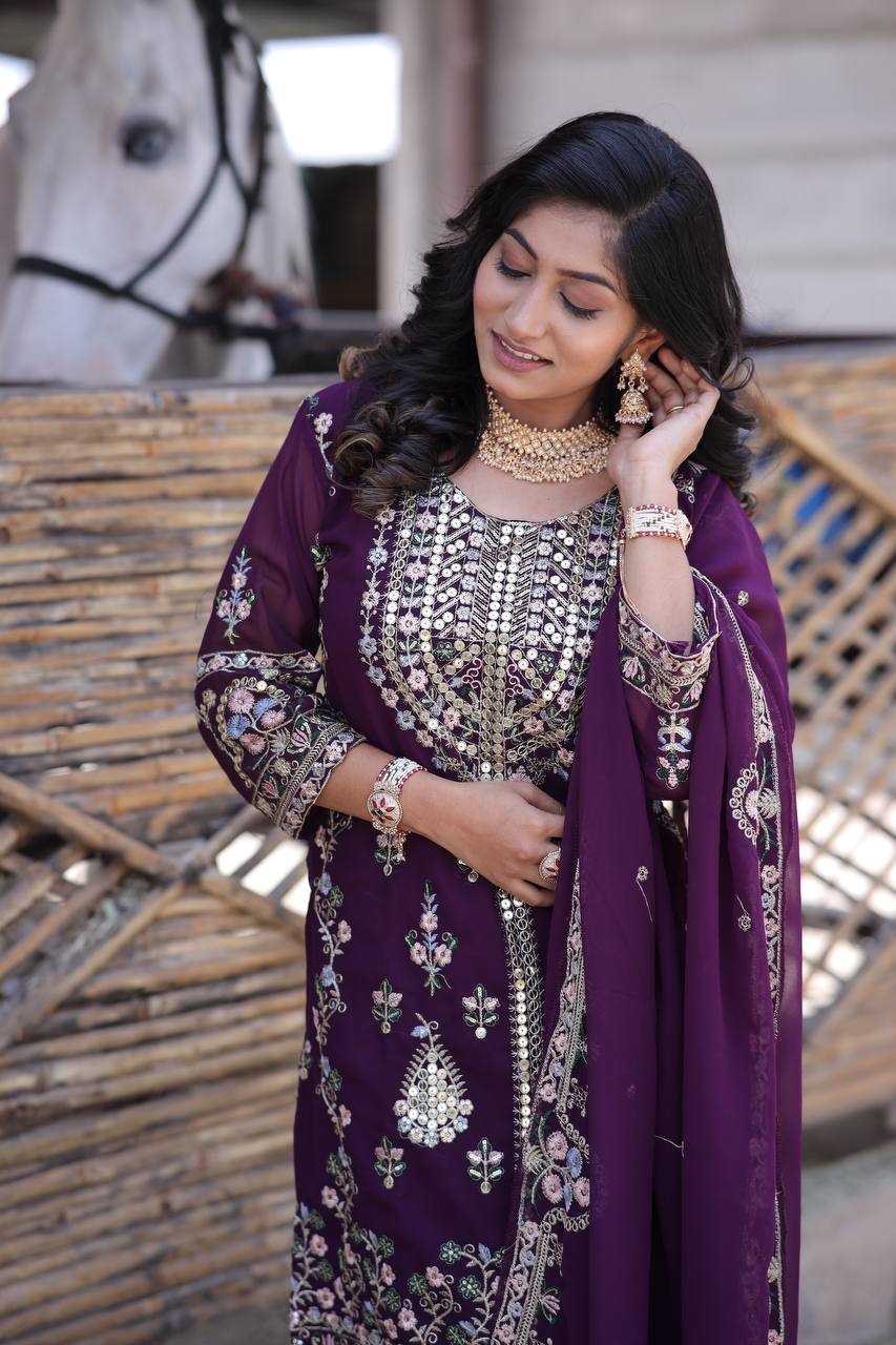 Elegant Faux Georgette Silk Kurti Set with Bottom & Lace-Embellished Dupatta – Multi-Needle Sequins Work (Fully Stitched