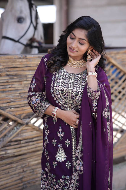 Elegant Faux Georgette Silk Kurti Set with Bottom & Lace-Embellished Dupatta – Multi-Needle Sequins Work (Fully Stitched