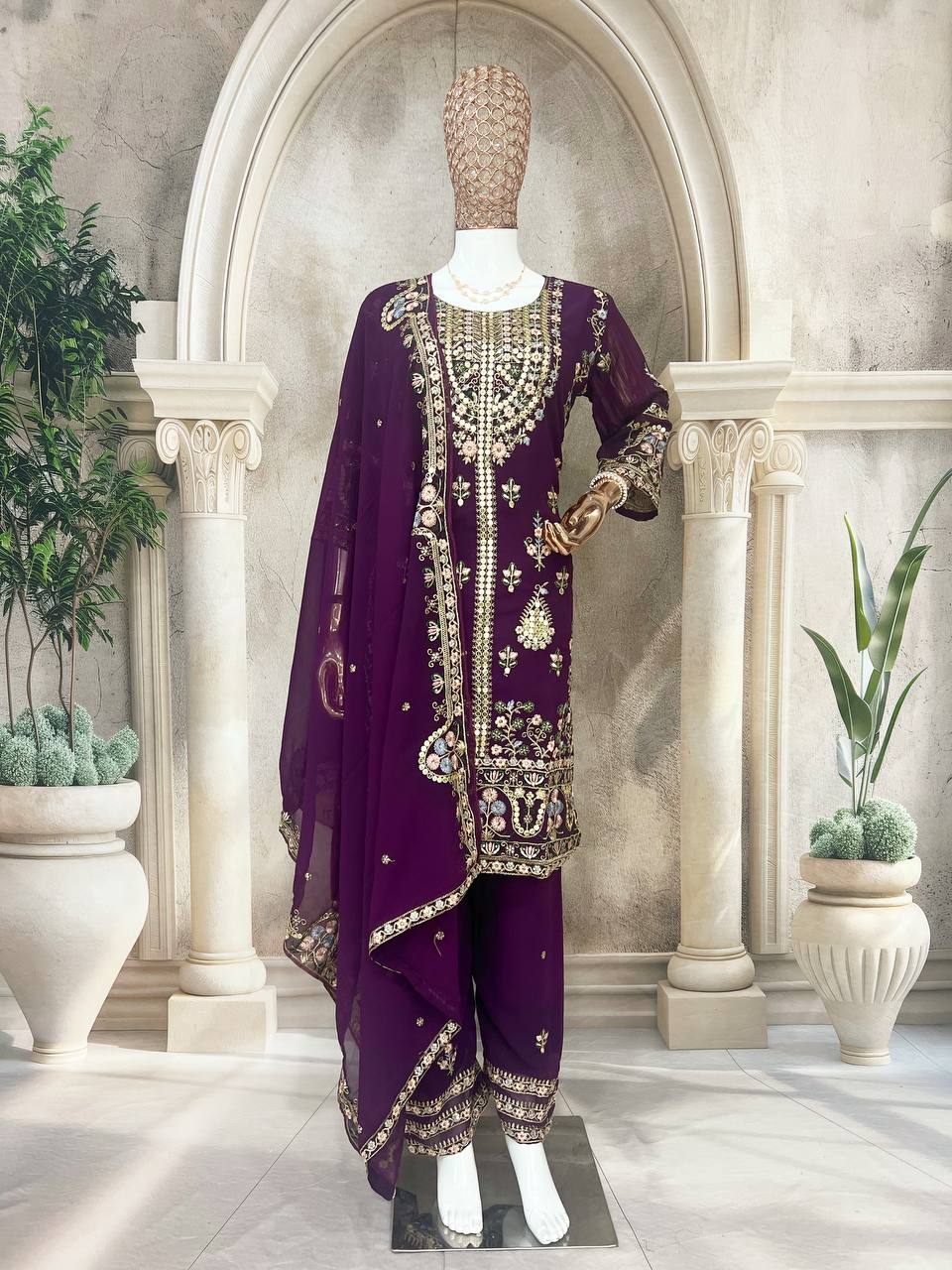 Elegant Faux Georgette Silk Kurti Set with Bottom & Lace-Embellished Dupatta – Multi-Needle Sequins Work (Fully Stitched