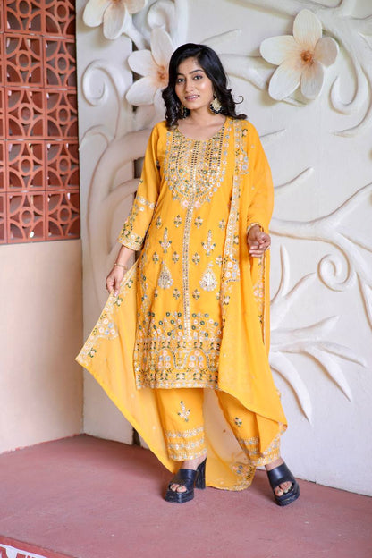 Elegant Faux Georgette Silk Kurti Set with Bottom & Lace-Embellished Dupatta – Multi-Needle Sequins Work (Fully Stitched