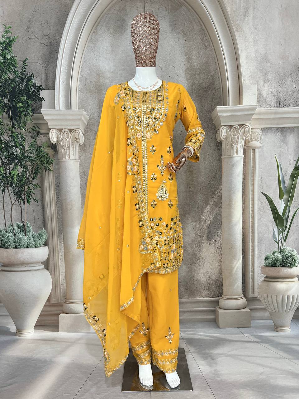 Elegant Faux Georgette Silk Kurti Set with Bottom & Lace-Embellished Dupatta – Multi-Needle Sequins Work (Fully Stitched
