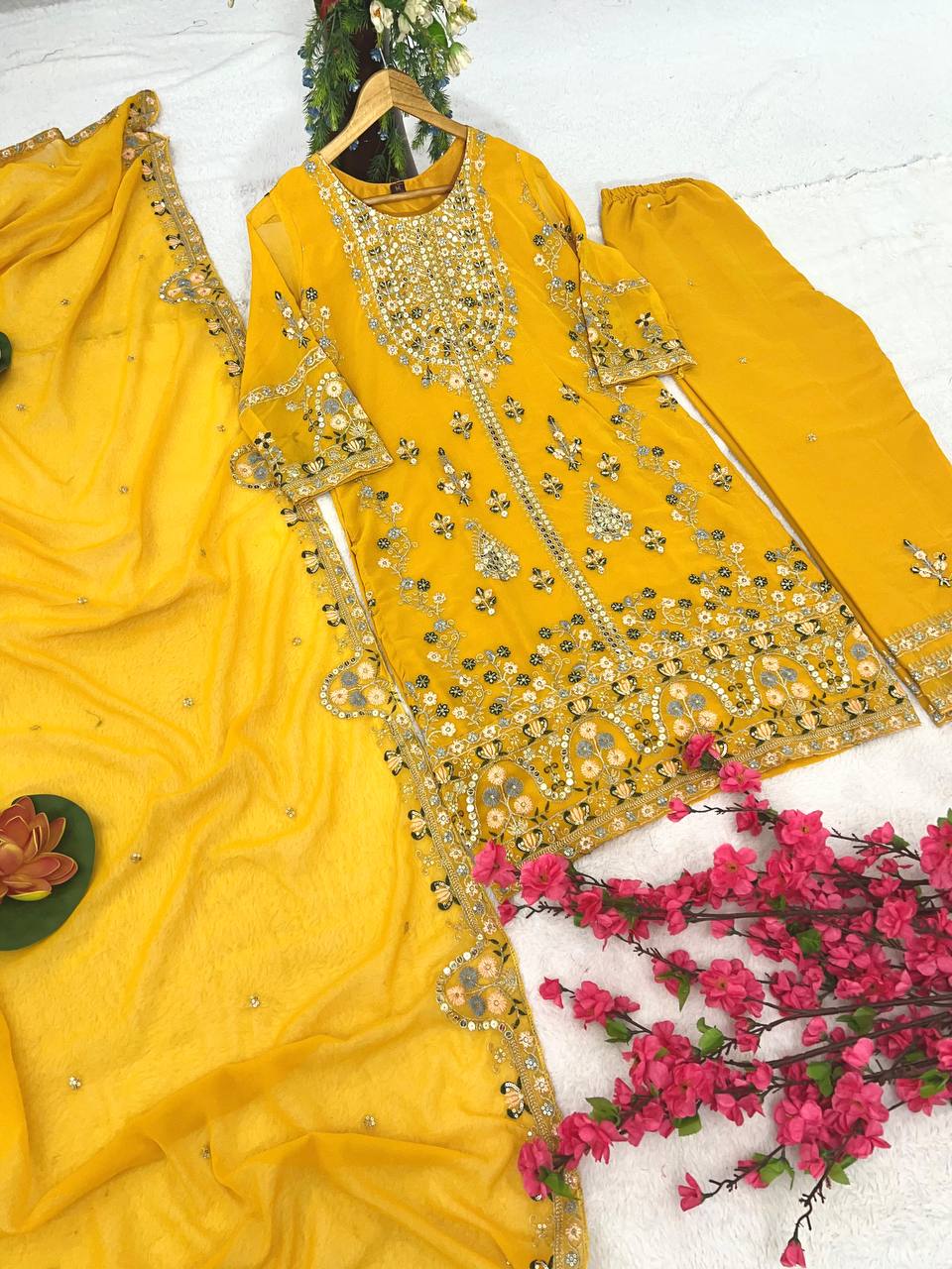 Elegant Faux Georgette Silk Kurti Set with Bottom & Lace-Embellished Dupatta – Multi-Needle Sequins Work (Fully Stitched