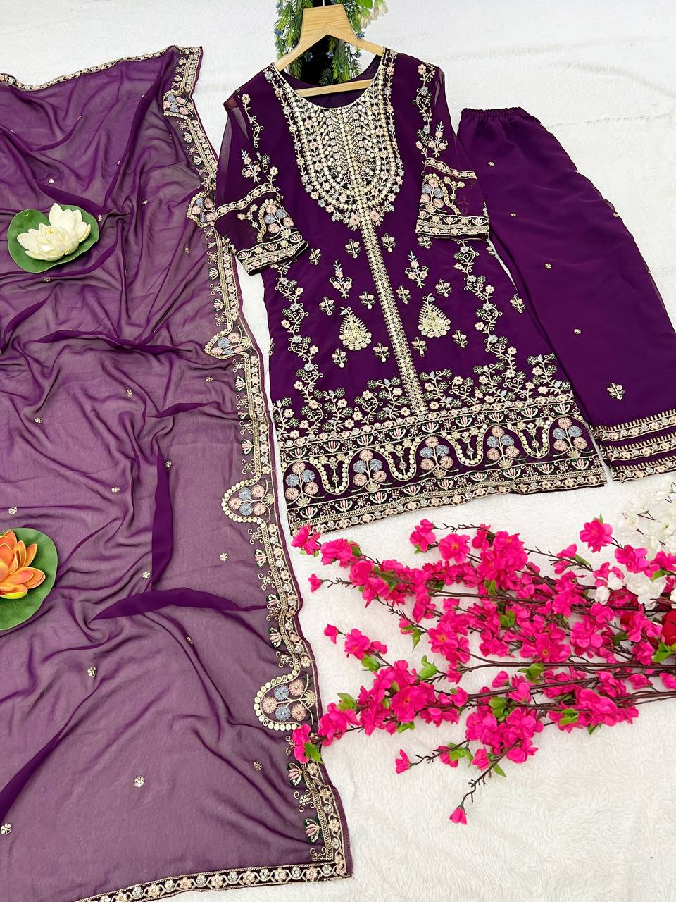 Elegant Faux Georgette Silk Kurti Set with Bottom & Lace-Embellished Dupatta – Multi-Needle Sequins Work (Fully Stitched