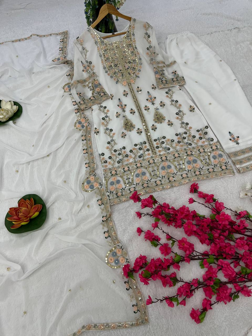 Elegant Faux Georgette Silk Kurti Set with Bottom & Lace-Embellished Dupatta – Multi-Needle Sequins Work (Fully Stitched