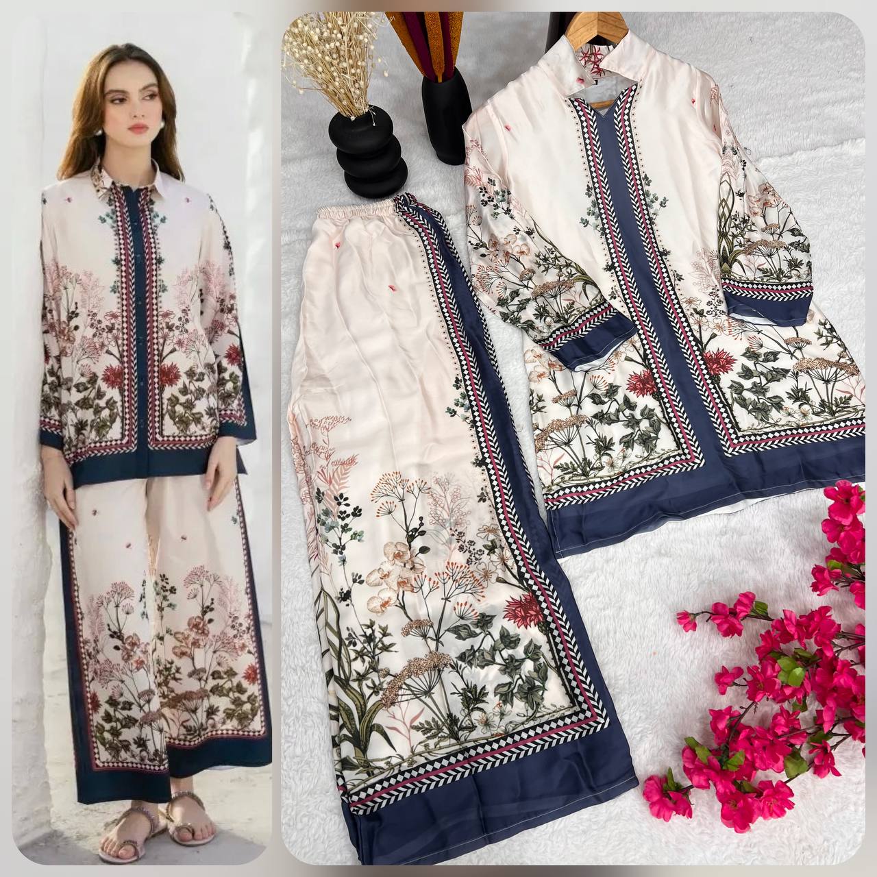 Elegant Pure Satin Crape Silk Co-Ord Set – Digital Print Top & Pant with Micro Silk Inner