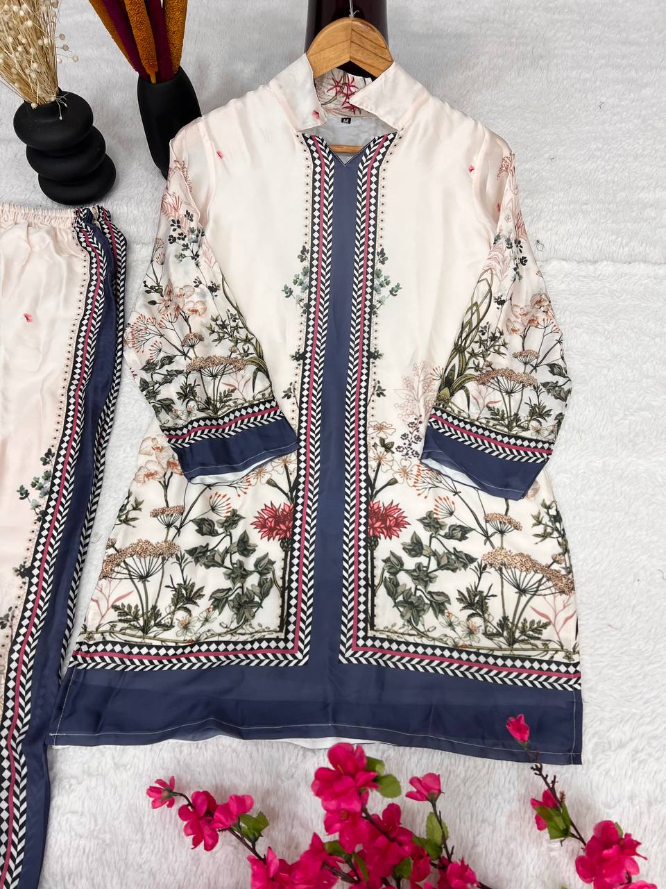 Elegant Pure Satin Crape Silk Co-Ord Set – Digital Print Top & Pant with Micro Silk Inner