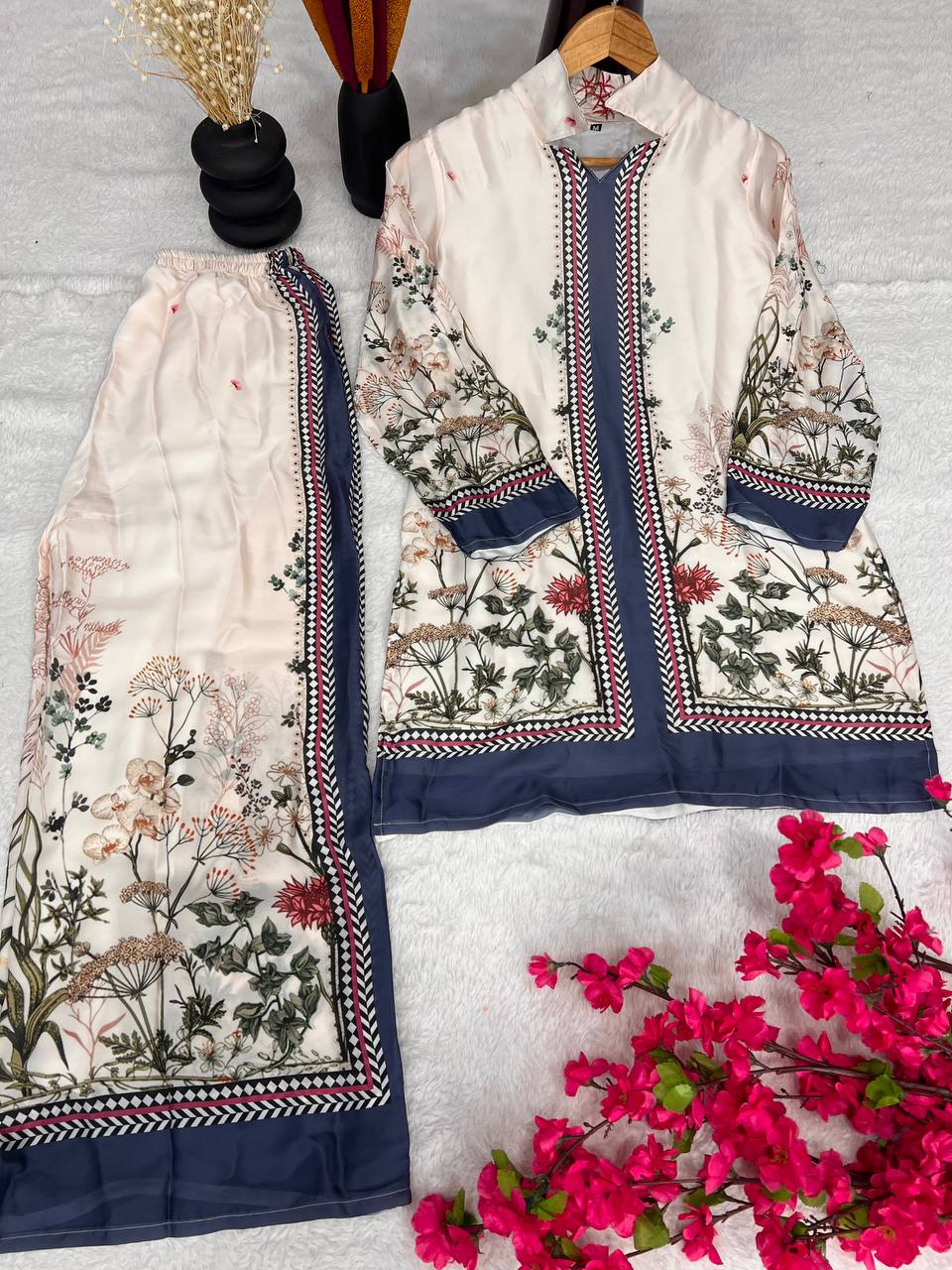 Elegant Pure Satin Crape Silk Co-Ord Set – Digital Print Top & Pant with Micro Silk Inner