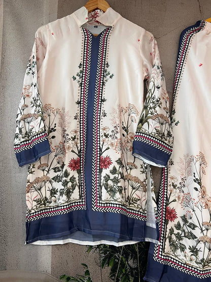 Elegant Pure Satin Crape Silk Co-Ord Set – Digital Print Top & Pant with Micro Silk Inner