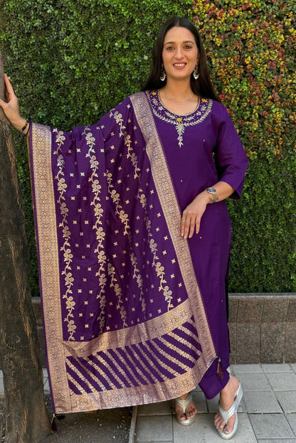 Designers Kurti Pent Dupatta Set Premium Roman Silk, Hevay Quality Nylon Muslin jacquard With Latkan, Hand Work, Cotton Inner (Full)