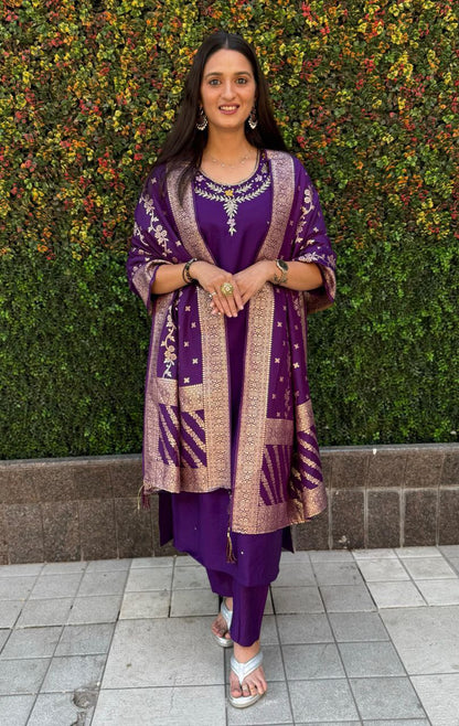Designers Kurti Pent Dupatta Set Premium Roman Silk, Hevay Quality Nylon Muslin jacquard With Latkan, Hand Work, Cotton Inner (Full)