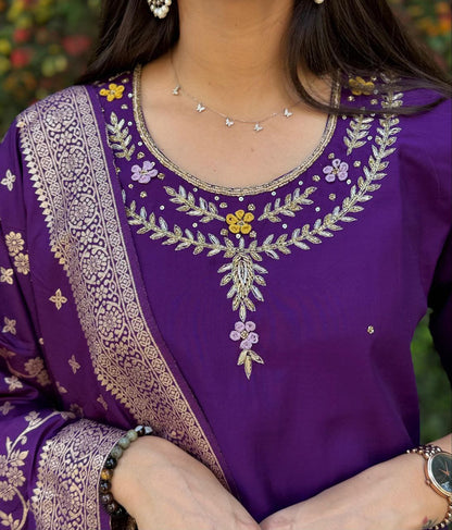 Designers Kurti Pent Dupatta Set Premium Roman Silk, Hevay Quality Nylon Muslin jacquard With Latkan, Hand Work, Cotton Inner (Full)