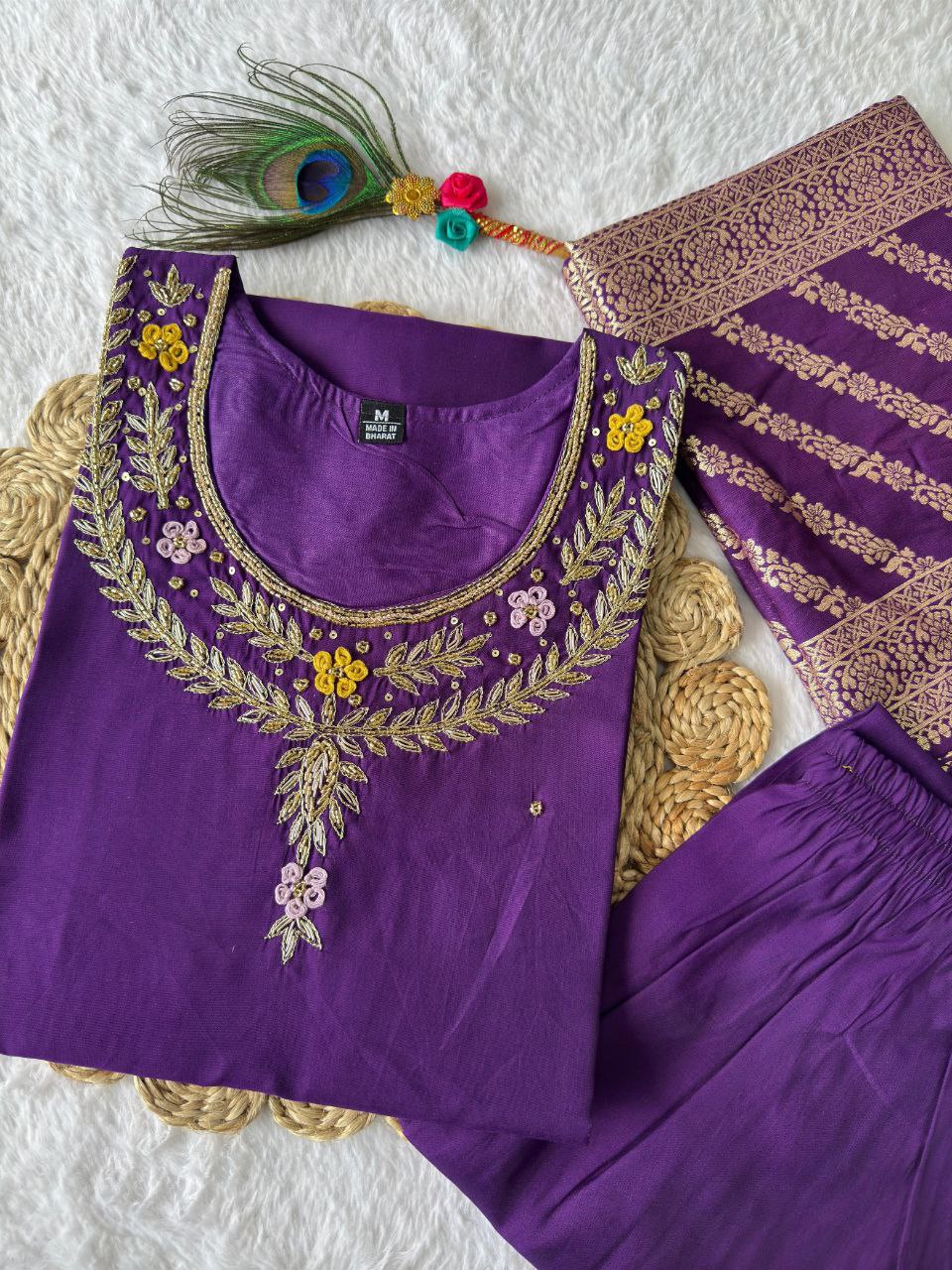 Designers Kurti Pent Dupatta Set Premium Roman Silk, Hevay Quality Nylon Muslin jacquard With Latkan, Hand Work, Cotton Inner (Full)