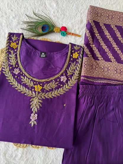 Designers Kurti Pent Dupatta Set Premium Roman Silk, Hevay Quality Nylon Muslin jacquard With Latkan, Hand Work, Cotton Inner (Full)
