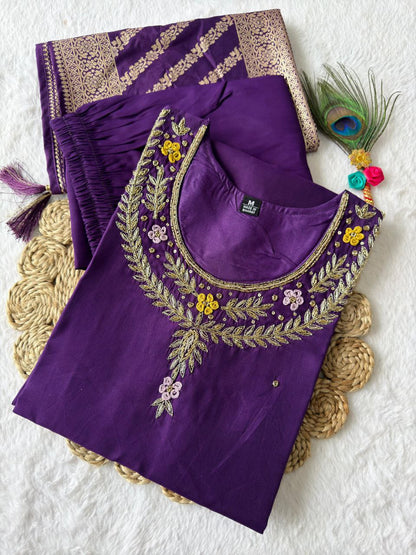 Designers Kurti Pent Dupatta Set Premium Roman Silk, Hevay Quality Nylon Muslin jacquard With Latkan, Hand Work, Cotton Inner (Full)