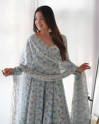 PURE CHIFFON FLORAL PRINT FABRIC FULLY FLAIR ANARKALI, WITH DUPPTA SET, PENT READY TO WEAR