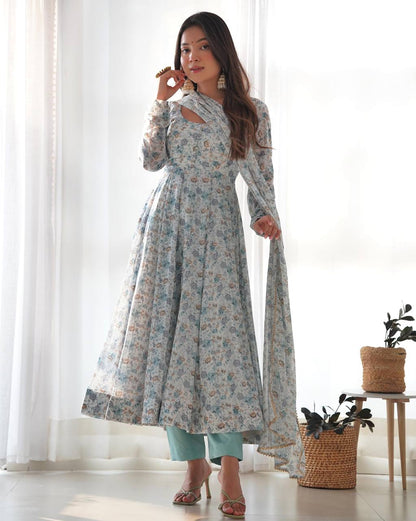 PURE CHIFFON FLORAL PRINT FABRIC FULLY FLAIR ANARKALI, WITH DUPPTA SET, PENT READY TO WEAR