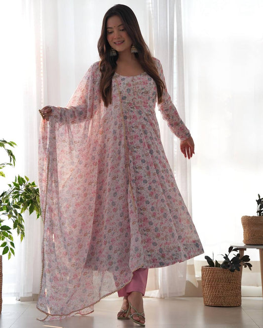 PURE CHIFFON FLORAL PRINT FABRIC FULLY FLAIR ANARKALI, WITH DUPPTA SET, PENT READY TO WEAR