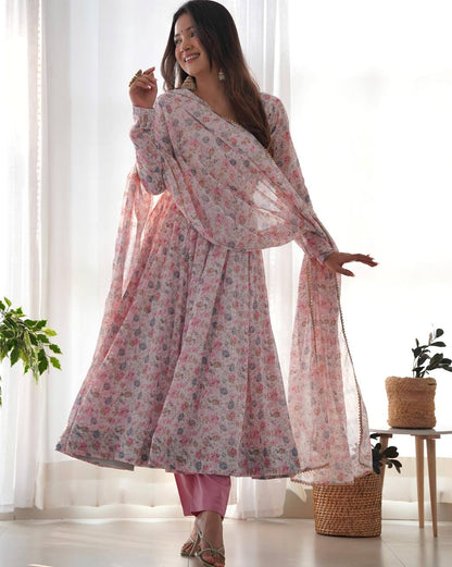 PURE CHIFFON FLORAL PRINT FABRIC FULLY FLAIR ANARKALI, WITH DUPPTA SET, PENT READY TO WEAR