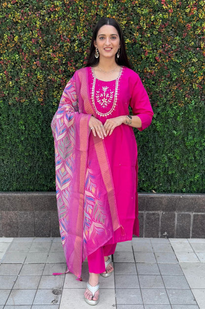 Designers Kurta Pent Set, Premium Roman Silk & Cotton Inner (Full), Neckline Hand Work, Dupatta Heavy Chanderi jacquard With Digital Print With Latkan
