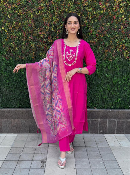 Designers Kurta Pent Set, Premium Roman Silk & Cotton Inner (Full), Neckline Hand Work, Dupatta Heavy Chanderi jacquard With Digital Print With Latkan