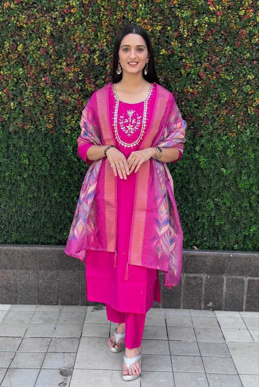 Designers Kurta Pent Set, Premium Roman Silk & Cotton Inner (Full), Neckline Hand Work, Dupatta Heavy Chanderi jacquard With Digital Print With Latkan