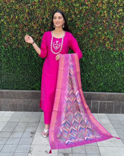 Designers Kurta Pent Set, Premium Roman Silk & Cotton Inner (Full), Neckline Hand Work, Dupatta Heavy Chanderi jacquard With Digital Print With Latkan