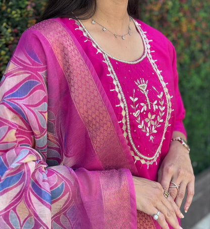 Designers Kurta Pent Set, Premium Roman Silk & Cotton Inner (Full), Neckline Hand Work, Dupatta Heavy Chanderi jacquard With Digital Print With Latkan