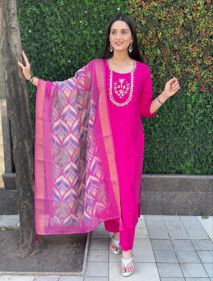 Designers Kurta Pent Set, Premium Roman Silk & Cotton Inner (Full), Neckline Hand Work, Dupatta Heavy Chanderi jacquard With Digital Print With Latkan