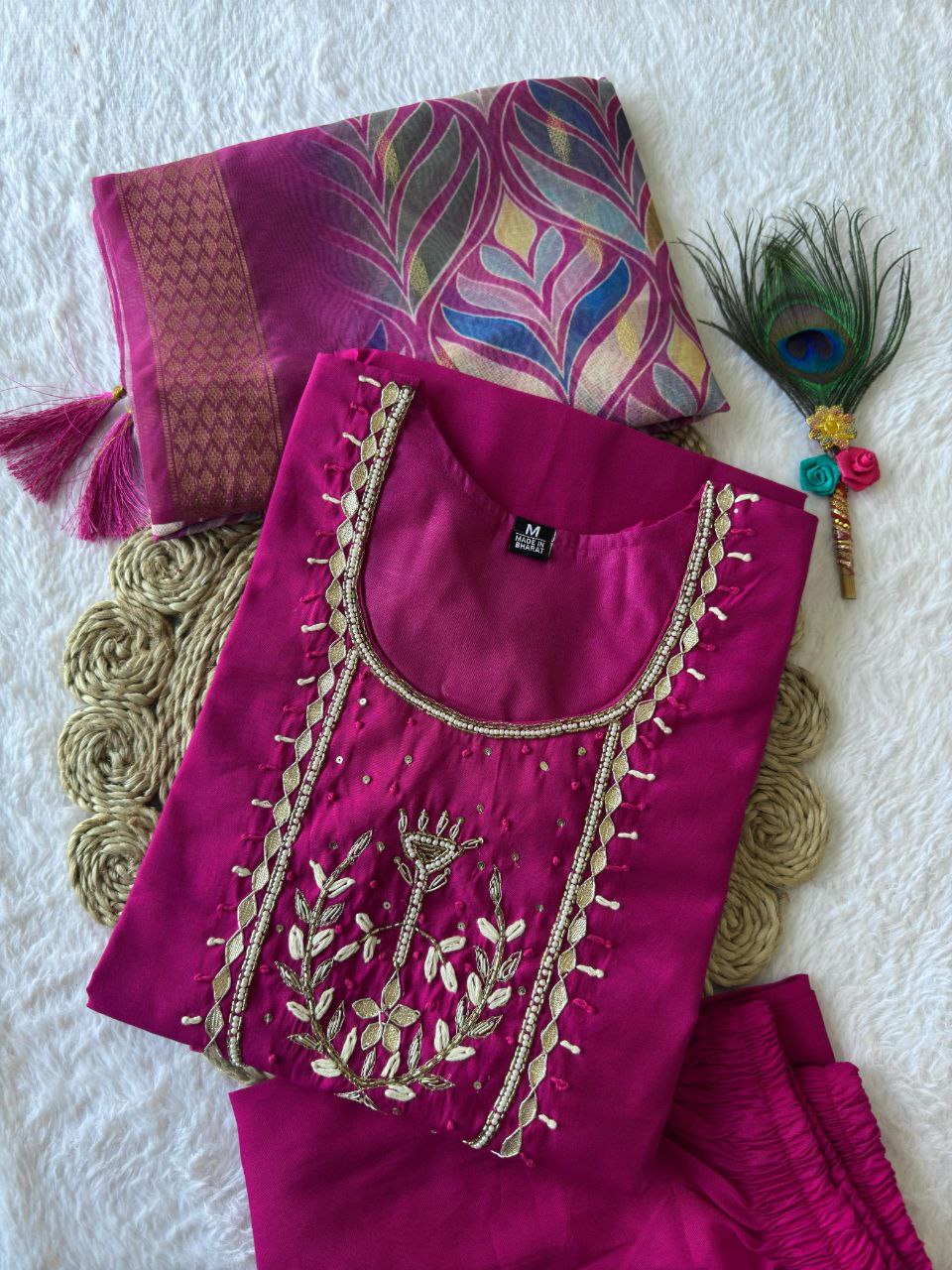 Designers Kurta Pent Set, Premium Roman Silk & Cotton Inner (Full), Neckline Hand Work, Dupatta Heavy Chanderi jacquard With Digital Print With Latkan