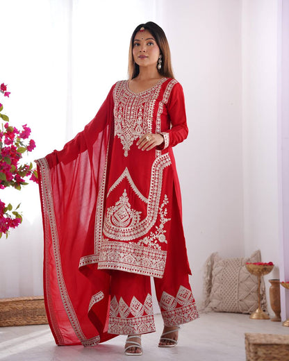 BEAUTIFUL PURE VICHITRA SILK FABRIC STRAIGHT FIT KURTA WITH DUPPTA SET,TROUSERS,READY TO WEAR