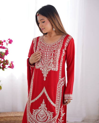 BEAUTIFUL PURE VICHITRA SILK FABRIC STRAIGHT FIT KURTA WITH DUPPTA SET,TROUSERS,READY TO WEAR