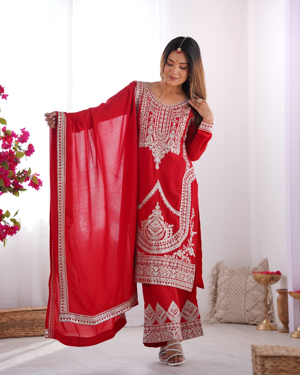 BEAUTIFUL PURE VICHITRA SILK FABRIC STRAIGHT FIT KURTA WITH DUPPTA SET,TROUSERS,READY TO WEAR