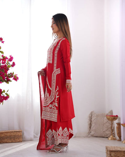 BEAUTIFUL PURE VICHITRA SILK FABRIC STRAIGHT FIT KURTA WITH DUPPTA SET,TROUSERS,READY TO WEAR