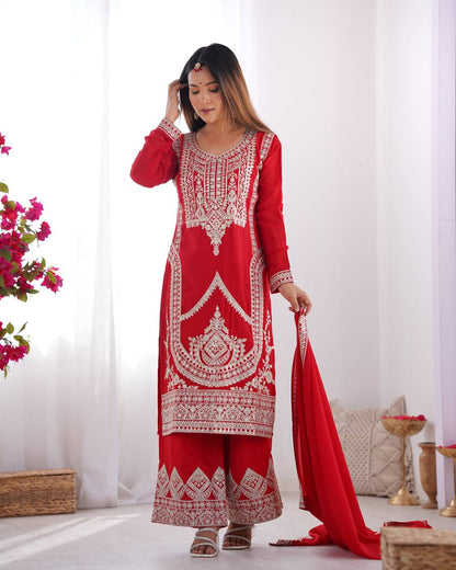 BEAUTIFUL PURE VICHITRA SILK FABRIC STRAIGHT FIT KURTA WITH DUPPTA SET,TROUSERS,READY TO WEAR