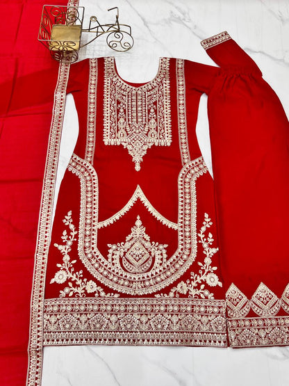 BEAUTIFUL PURE VICHITRA SILK FABRIC STRAIGHT FIT KURTA WITH DUPPTA SET,TROUSERS,READY TO WEAR