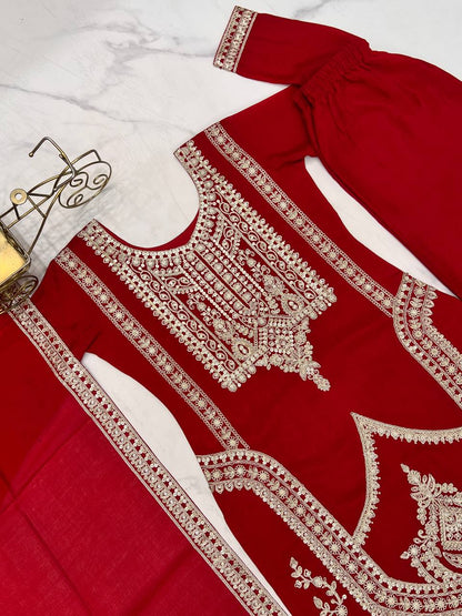 BEAUTIFUL PURE VICHITRA SILK FABRIC STRAIGHT FIT KURTA WITH DUPPTA SET,TROUSERS,READY TO WEAR