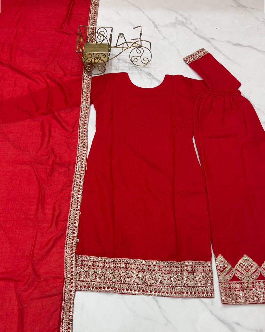 BEAUTIFUL PURE VICHITRA SILK FABRIC STRAIGHT FIT KURTA WITH DUPPTA SET,TROUSERS,READY TO WEAR