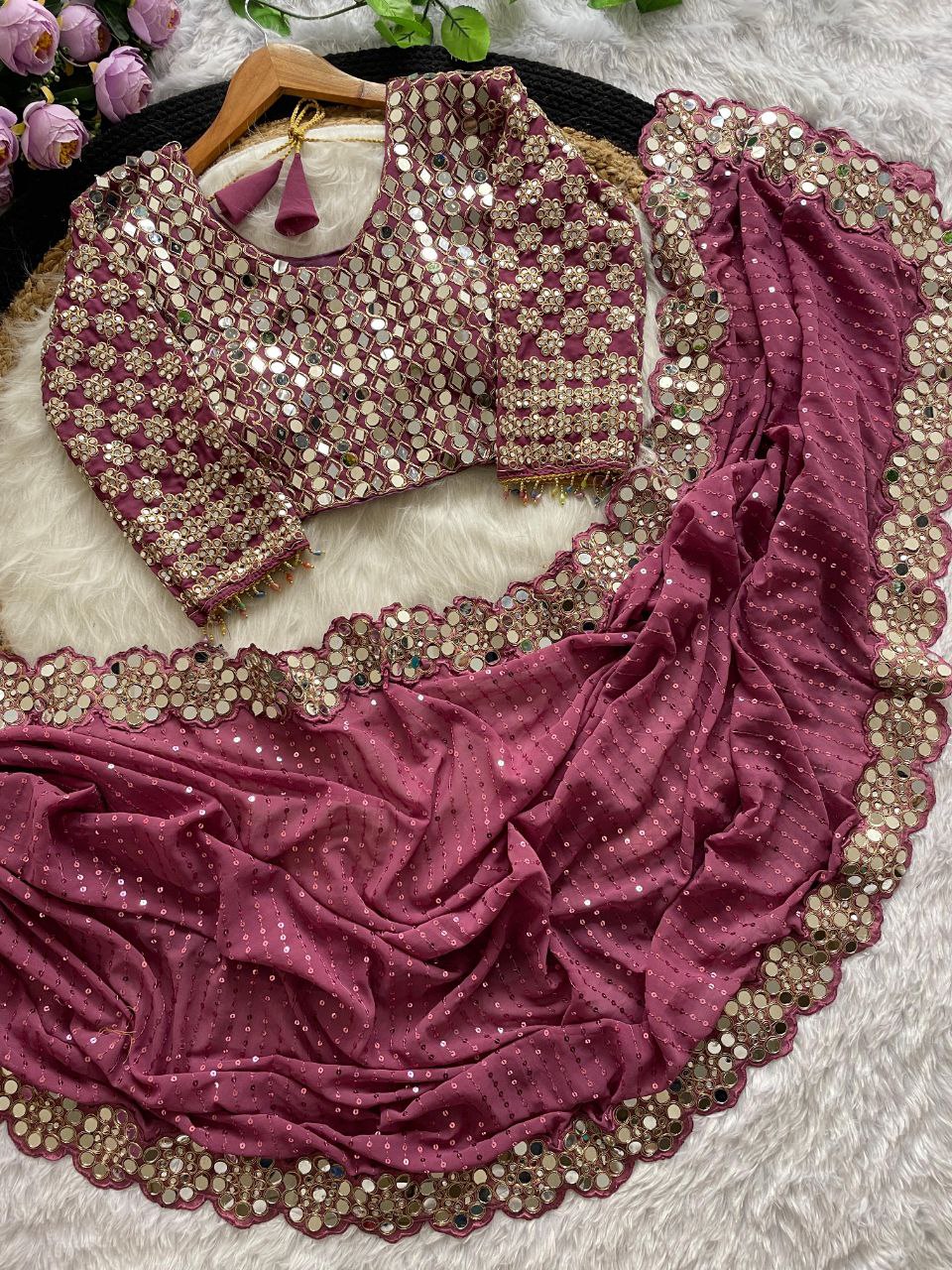 Heavy Faux Georgette Saree with Sequin Work, Mirror Lace Border & Embroidered Blouse