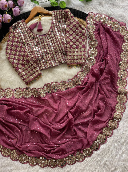 Heavy Faux Georgette Saree with Sequin Work, Mirror Lace Border & Embroidered Blouse