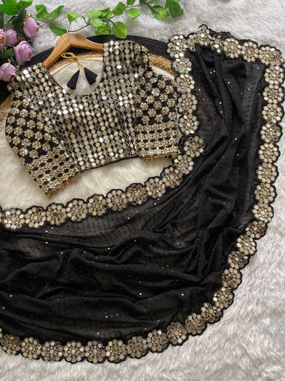 Heavy Faux Georgette Saree with Sequin Work, Mirror Lace Border & Embroidered Blouse