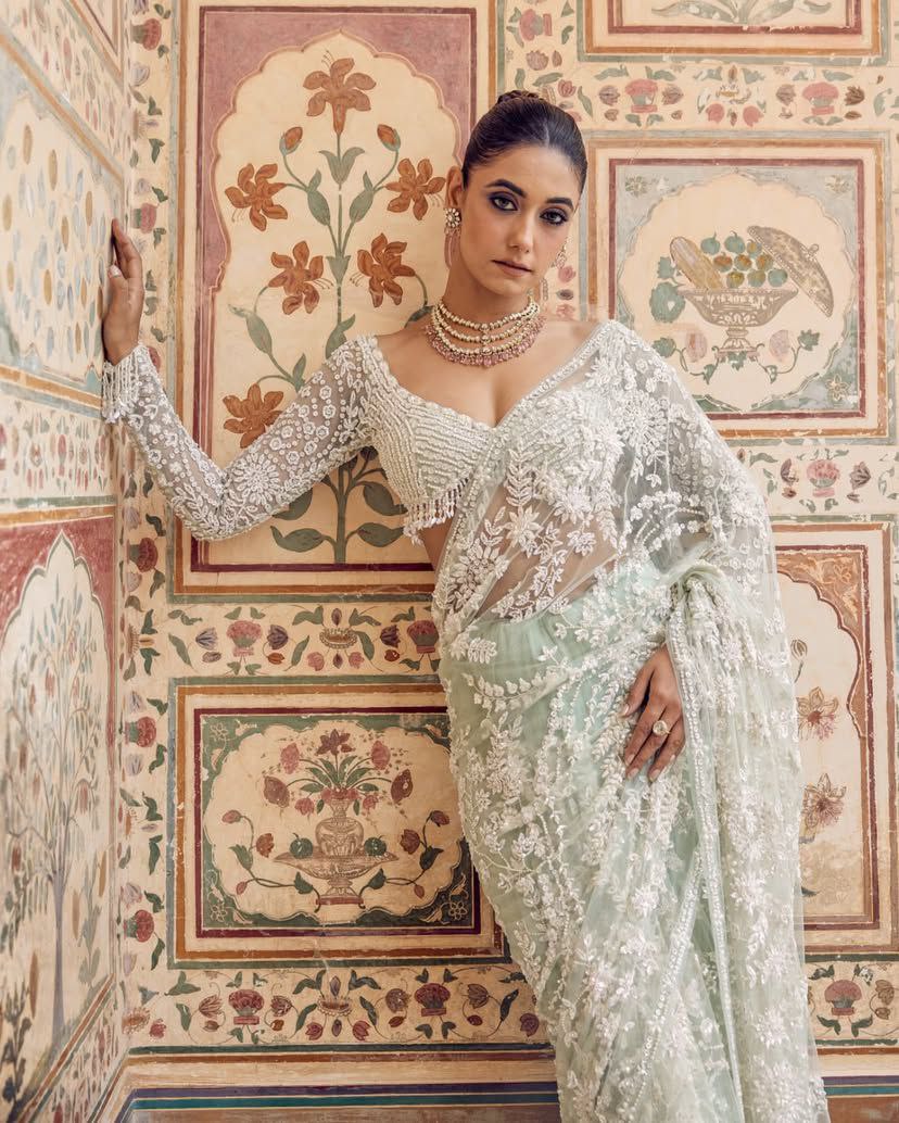 Premium Mono Net Saree with Heavy Multicolor Sequin Embroidery & Zalar Pallu