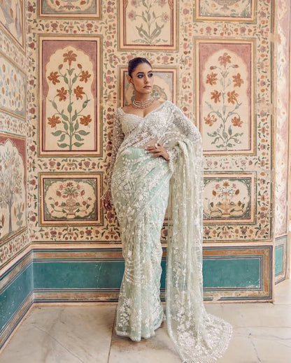 Premium Mono Net Saree with Heavy Multicolor Sequin Embroidery & Zalar Border