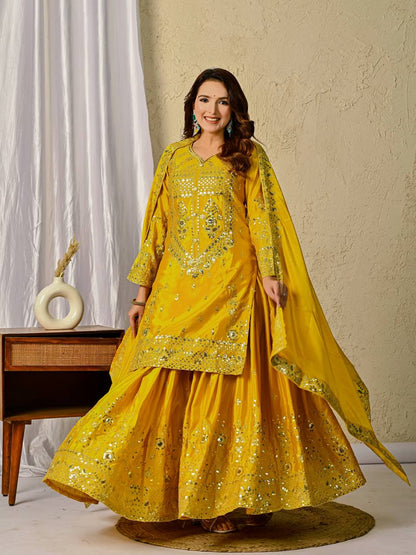 Designer Heavy Chinon Silk Embroidered Sharara Palazzo Set for Women | Sequence Work | Fully Stitched with Dupatta