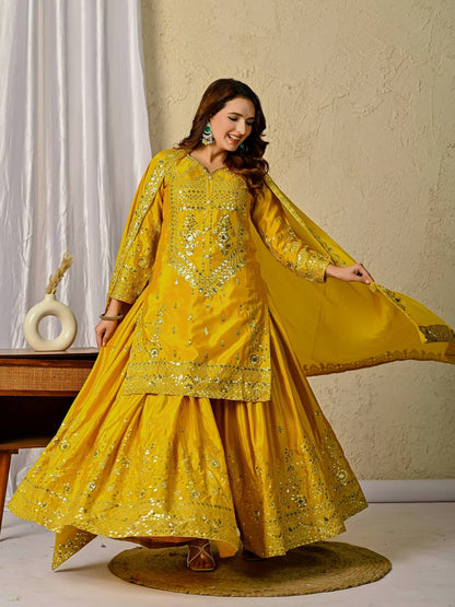 Designer Heavy Chinon Silk Embroidered Sharara Palazzo Set for Women | Sequence Work | Fully Stitched with Dupatta