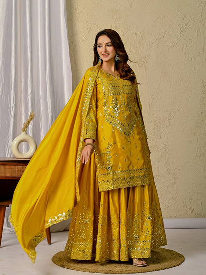 Designer Heavy Chinon Silk Embroidered Sharara Palazzo Set for Women | Sequence Work | Fully Stitched with Dupatta