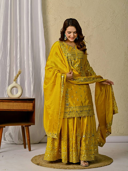 Designer Heavy Chinon Silk Embroidered Sharara Palazzo Set for Women | Sequence Work | Fully Stitched with Dupatta