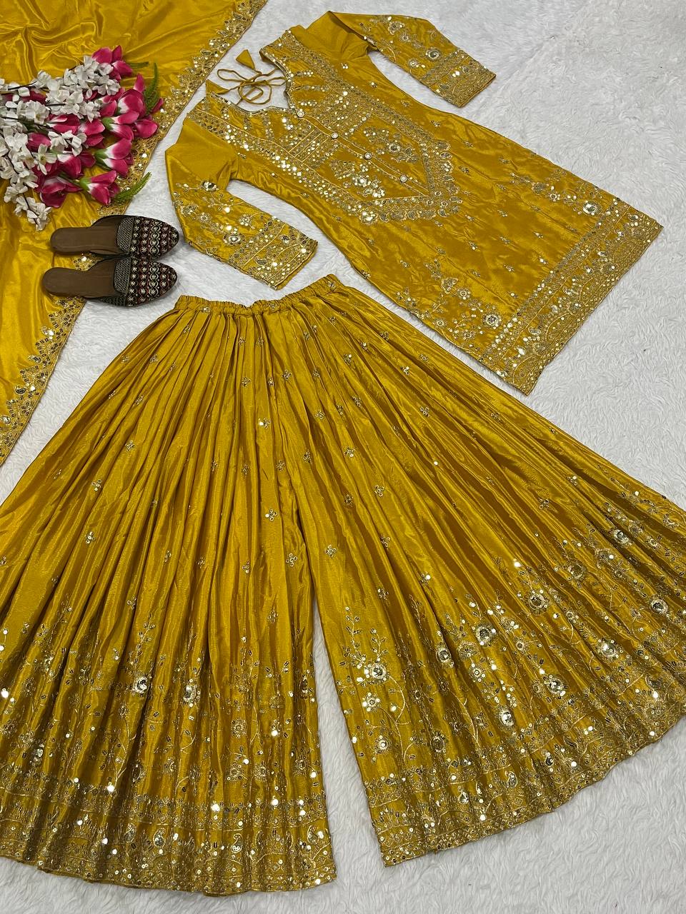 Designer Heavy Chinon Silk Embroidered Sharara Palazzo Set for Women | Sequence Work | Fully Stitched with Dupatta