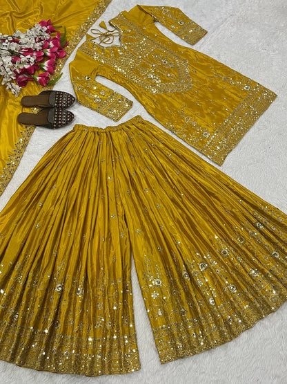 Designer Heavy Chinon Silk Embroidered Sharara Palazzo Set for Women | Sequence Work | Fully Stitched with Dupatta